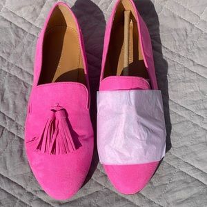 J.Crew Women's Pink Faux-suede Smoking Loafers With Tassels.  Neon Tulip